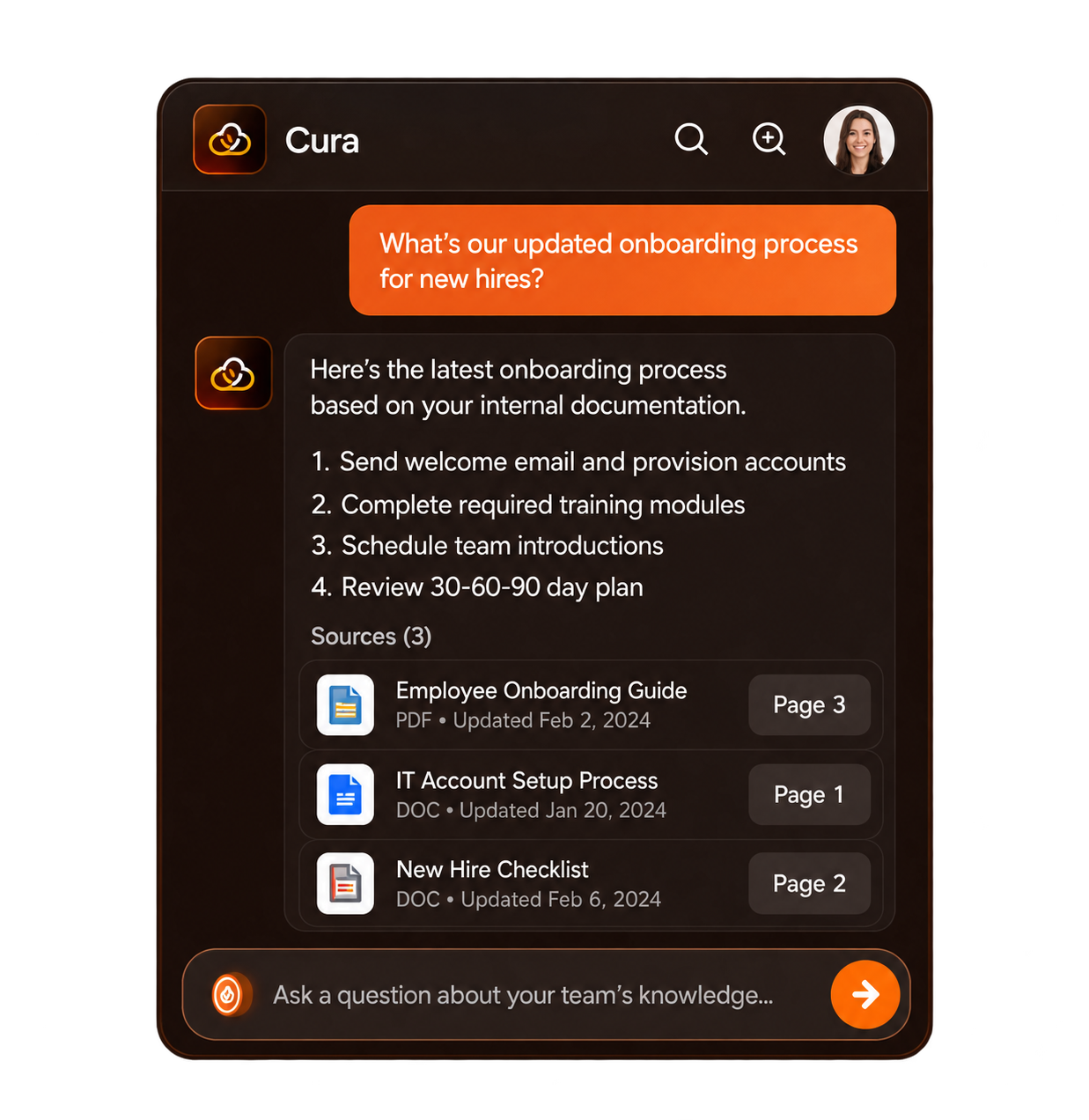 Cura answering the onboarding question with sources